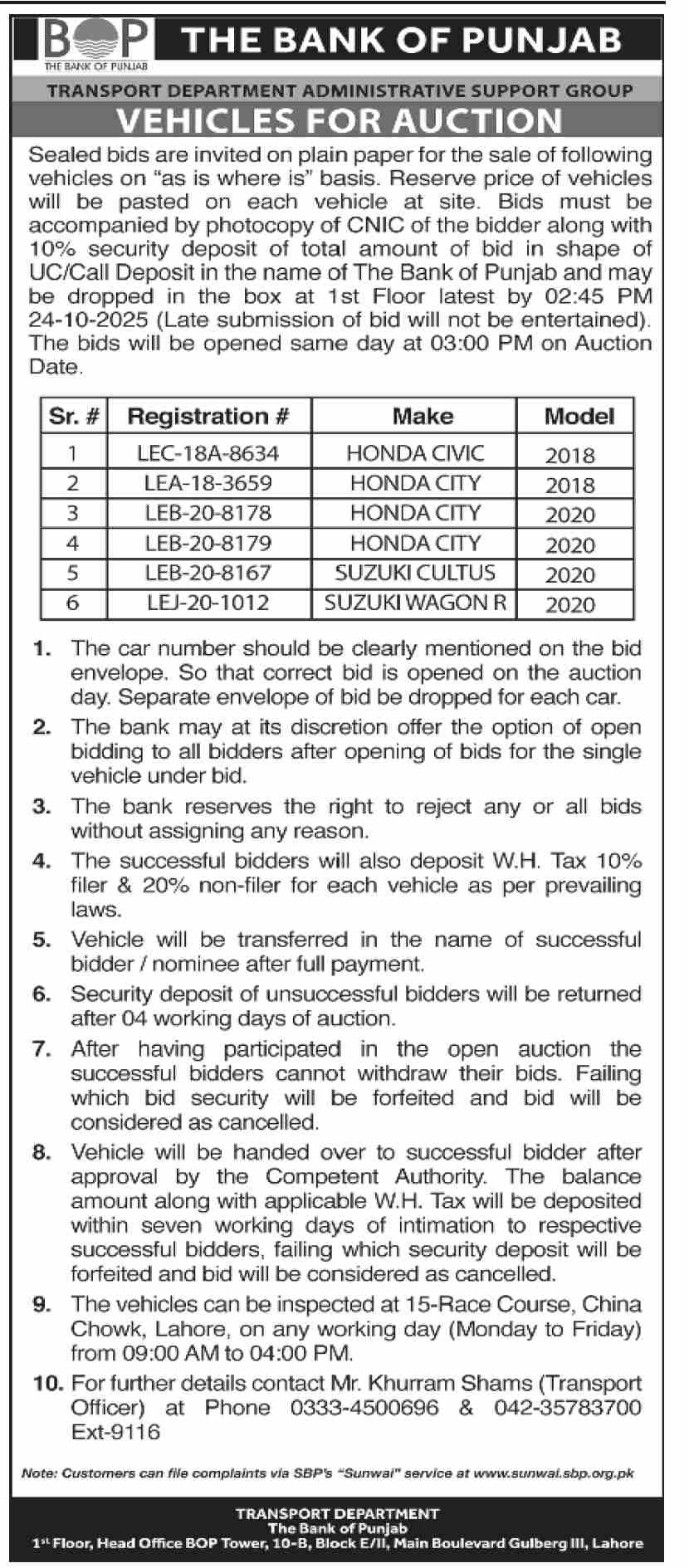 The Bank of Punjab Tender Notice